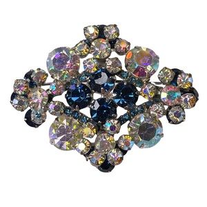 Juliana D&E Blue & Clear Crystal Brooch Pin Silver Tone Layered Vintage Verified